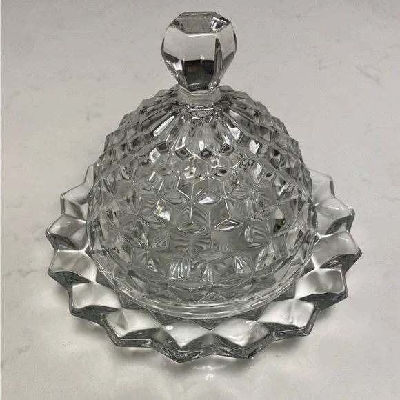 Vintage Cube/Cubist Fostoria American Clear Glass Round Dome Covered Butter Dish - Picture 2 of 13